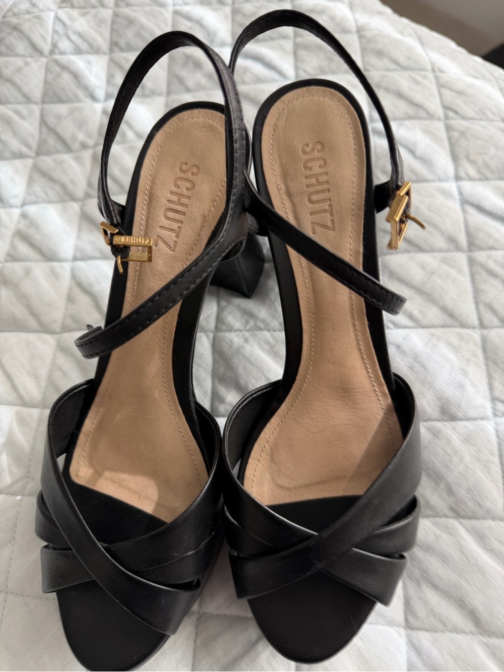 SCHUTZ Black Leather Crossover Slingback Heels